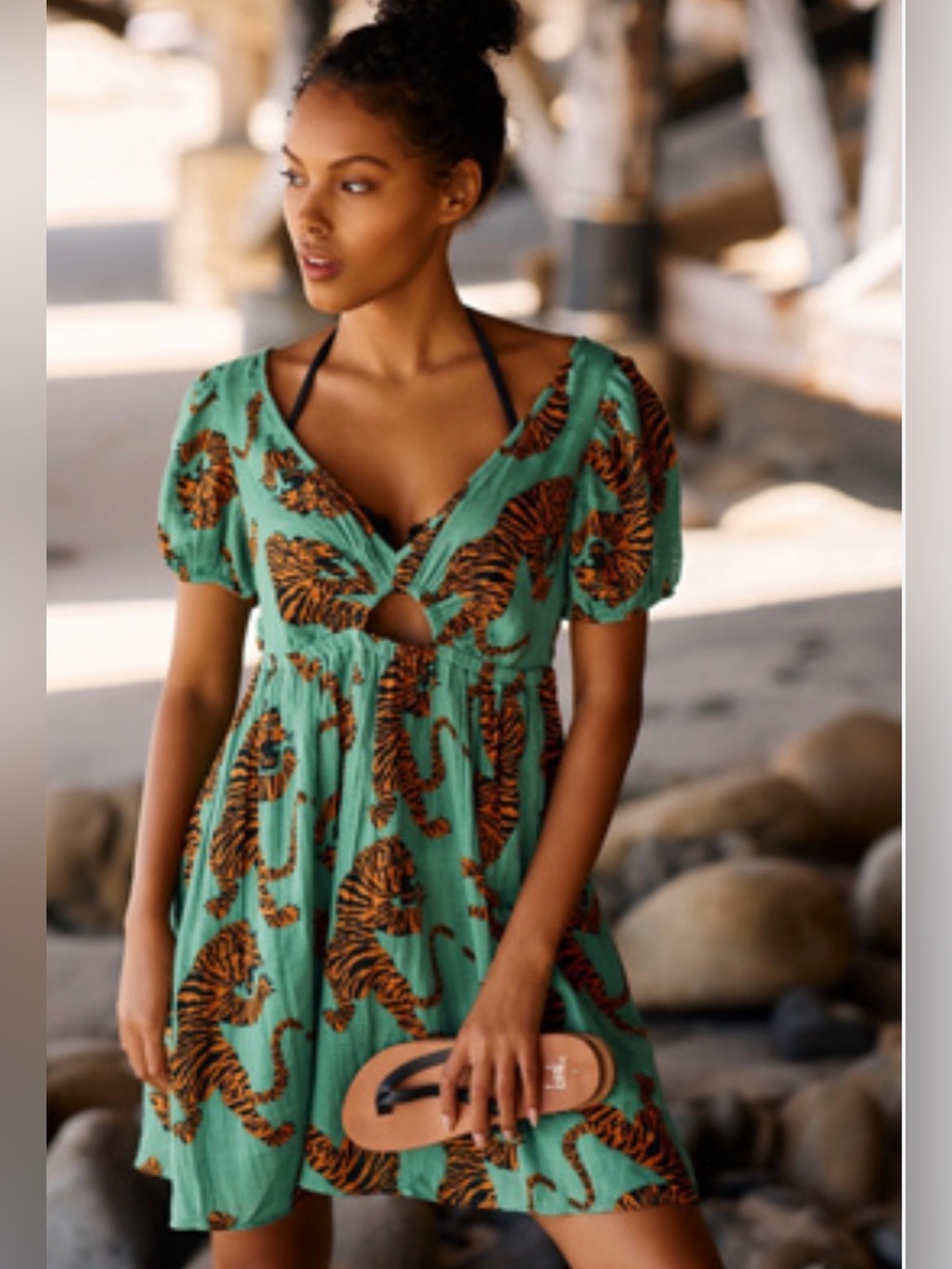 Kenzie Parrot for Anthropologie Green Dress with Orange Tiger Print size XL